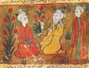 امیرخسرو توسط مردان جوان احاطه شده است. مینیاتوری از یک نسخه خطی مجلس العشاق سروده حسین بایقرا
