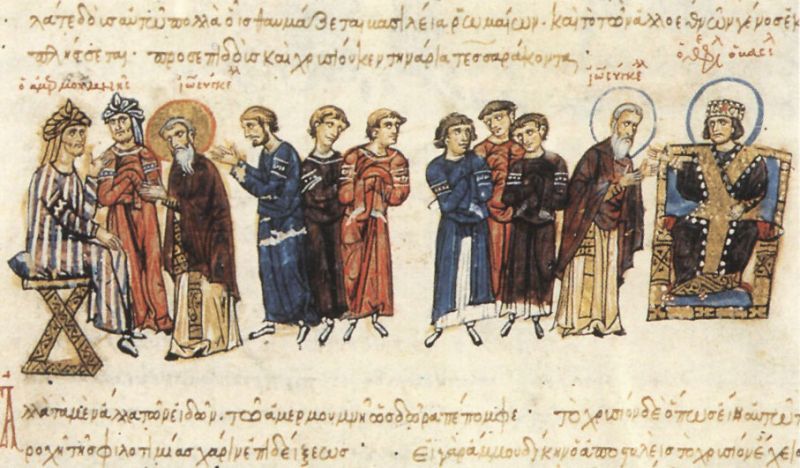 پرونده:John the Grammarian as ambassador before Theophilos and Mamun.jpg